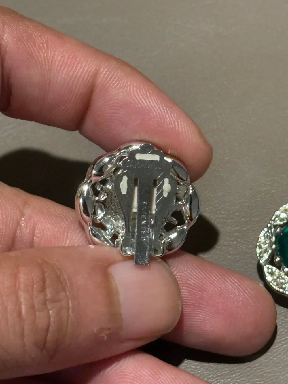 Vintage Clip On Earrings Silver Tone Green Glass Stone Rhinestone Halo